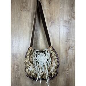 Magnolia Pearl style Purse Velvet Brocade Loopy Fringe Mixed prints w corsage